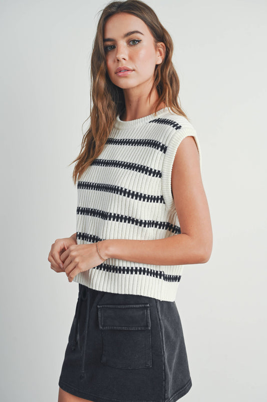 CREW NECK STRIPED KNIT TANK TOP: IVORY / BLACK