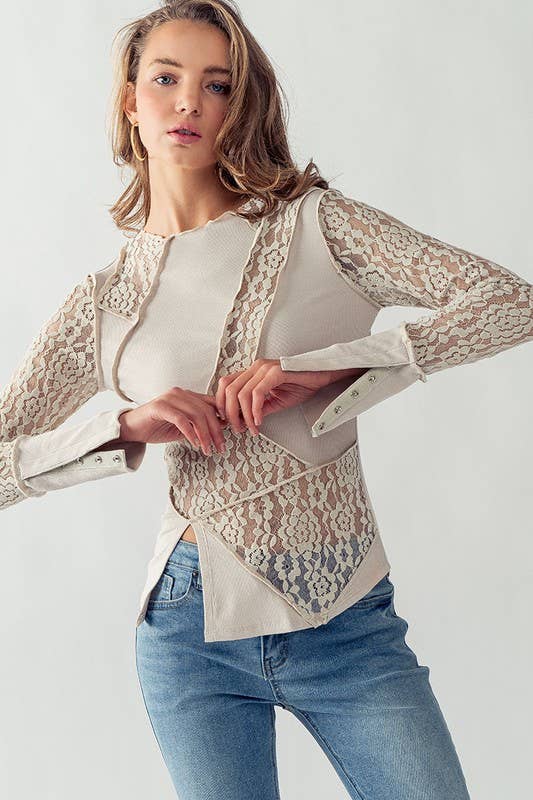 SHEER FLORAL LACE RIBBED CONTRAST TOP IN HEATHER GRAY