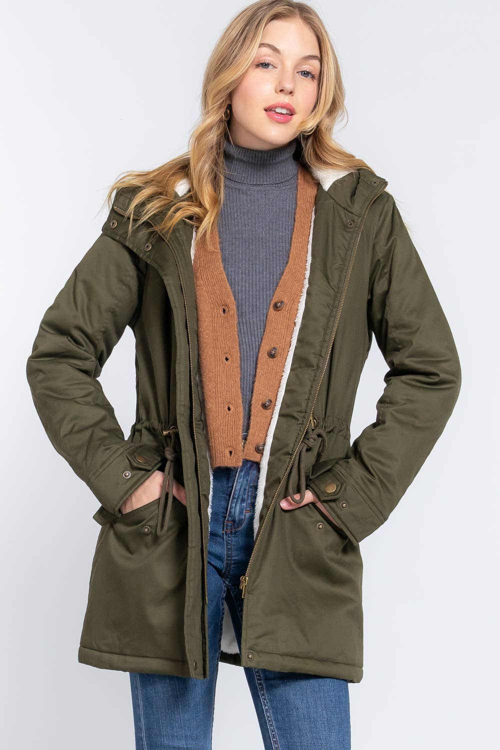 Fleece Lined Fur Hoodie Utility Jacket(two colors)