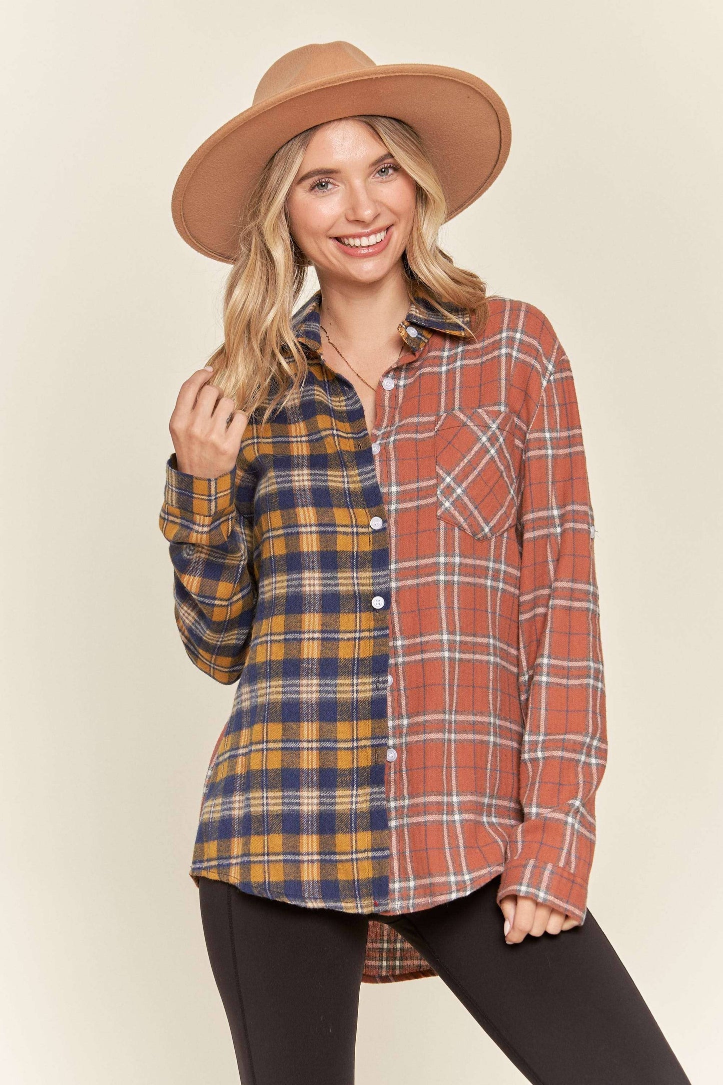 Button down multiple color plaid shirt