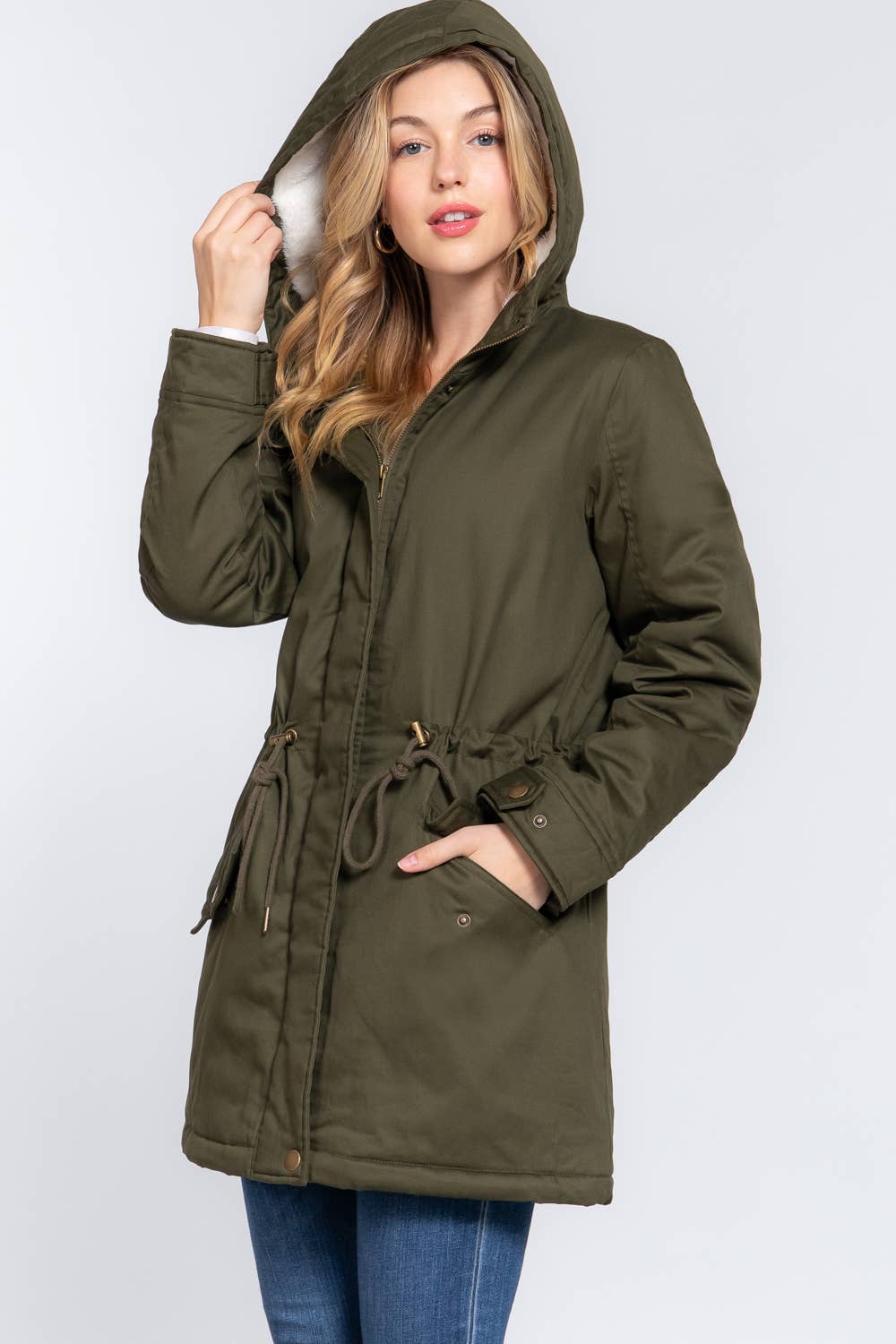 Fleece Lined Fur Hoodie Utility Jacket(two colors)