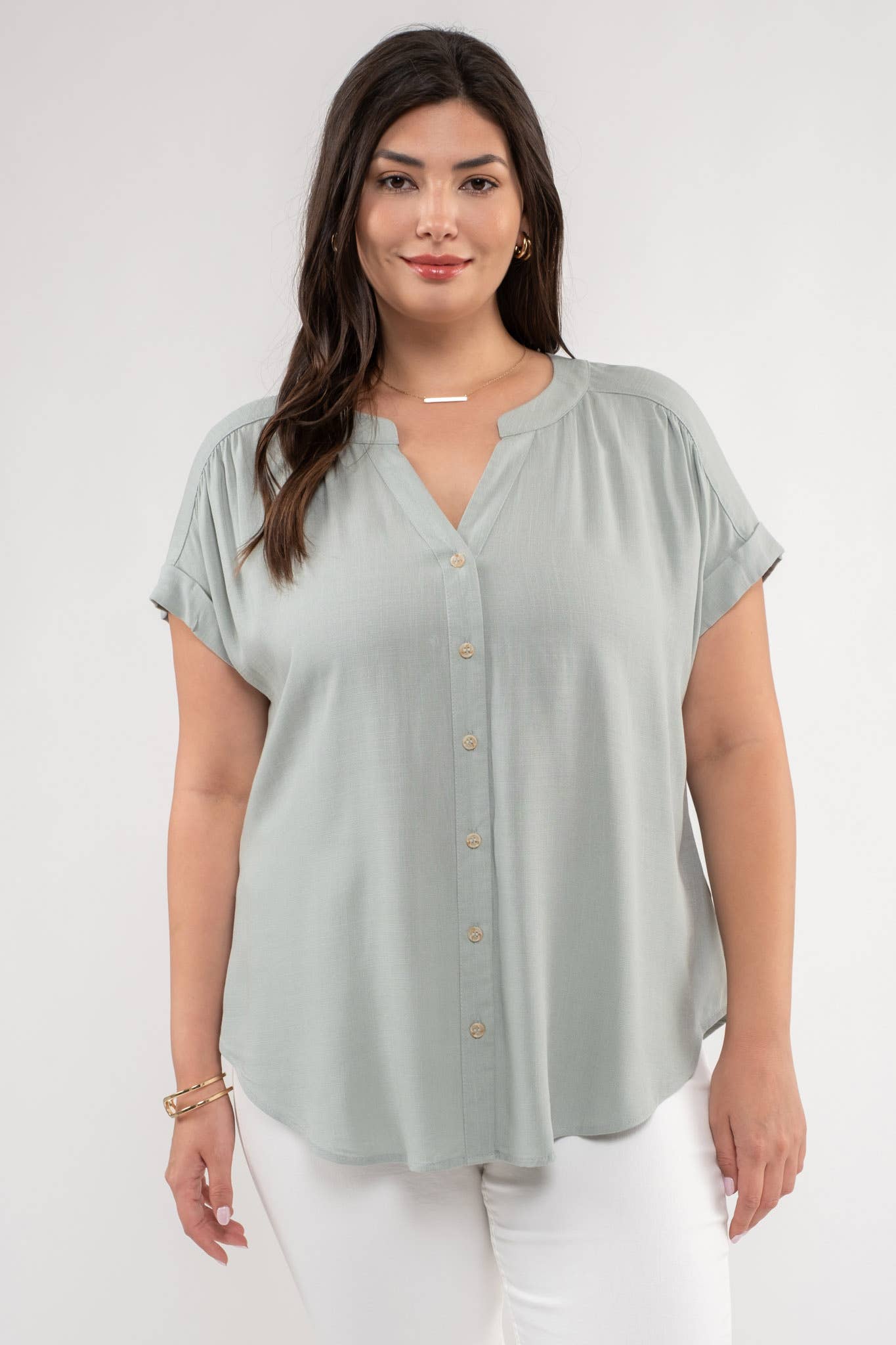 (Plus) Short Rolled Sleeve Button Down Shirt(several colors)