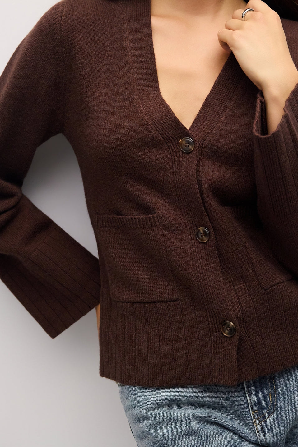 V Neck Cardigan Patch Pockets