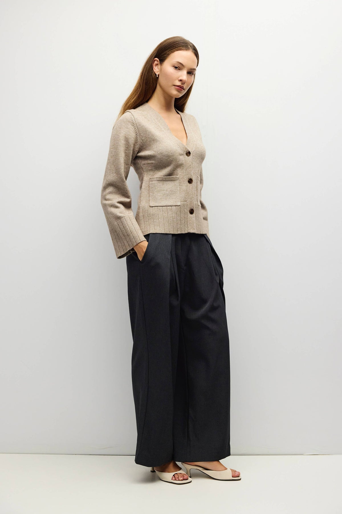 V Neck Cardigan Patch Pockets