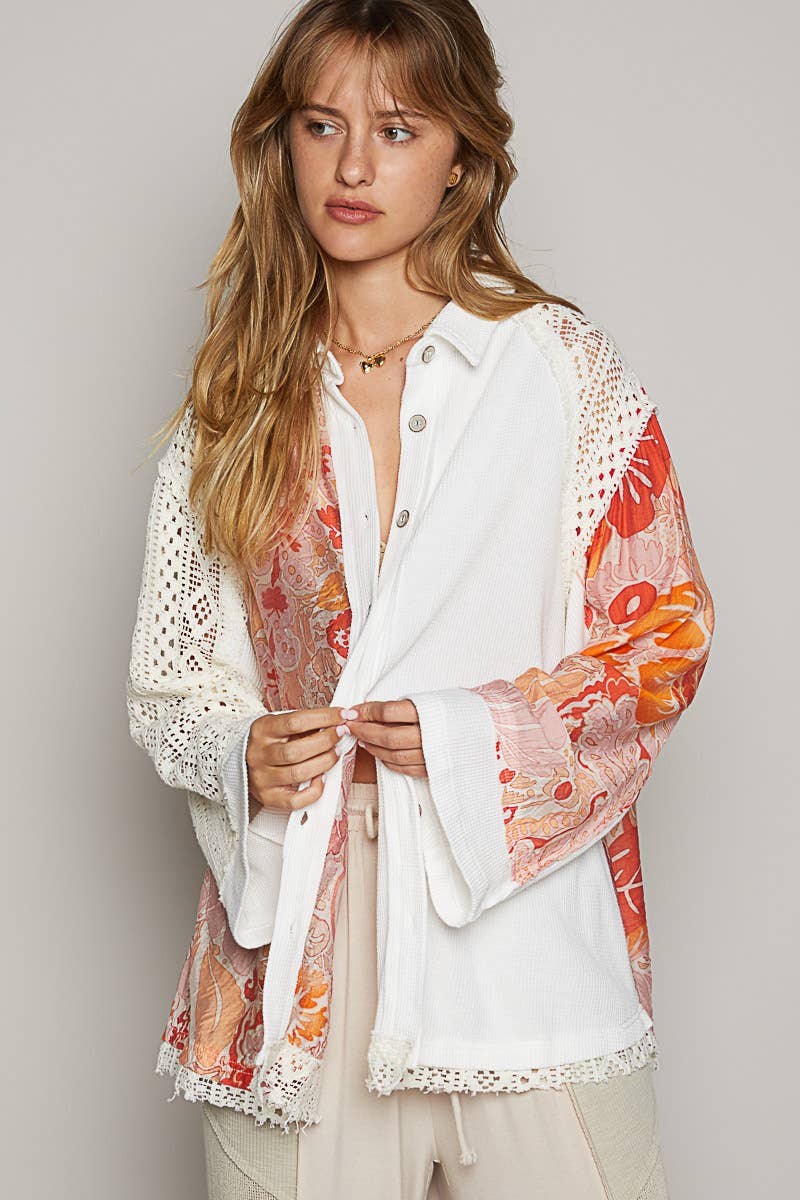 Oversize long sleeve color block floral prints woven shirt: PINK/IVORY