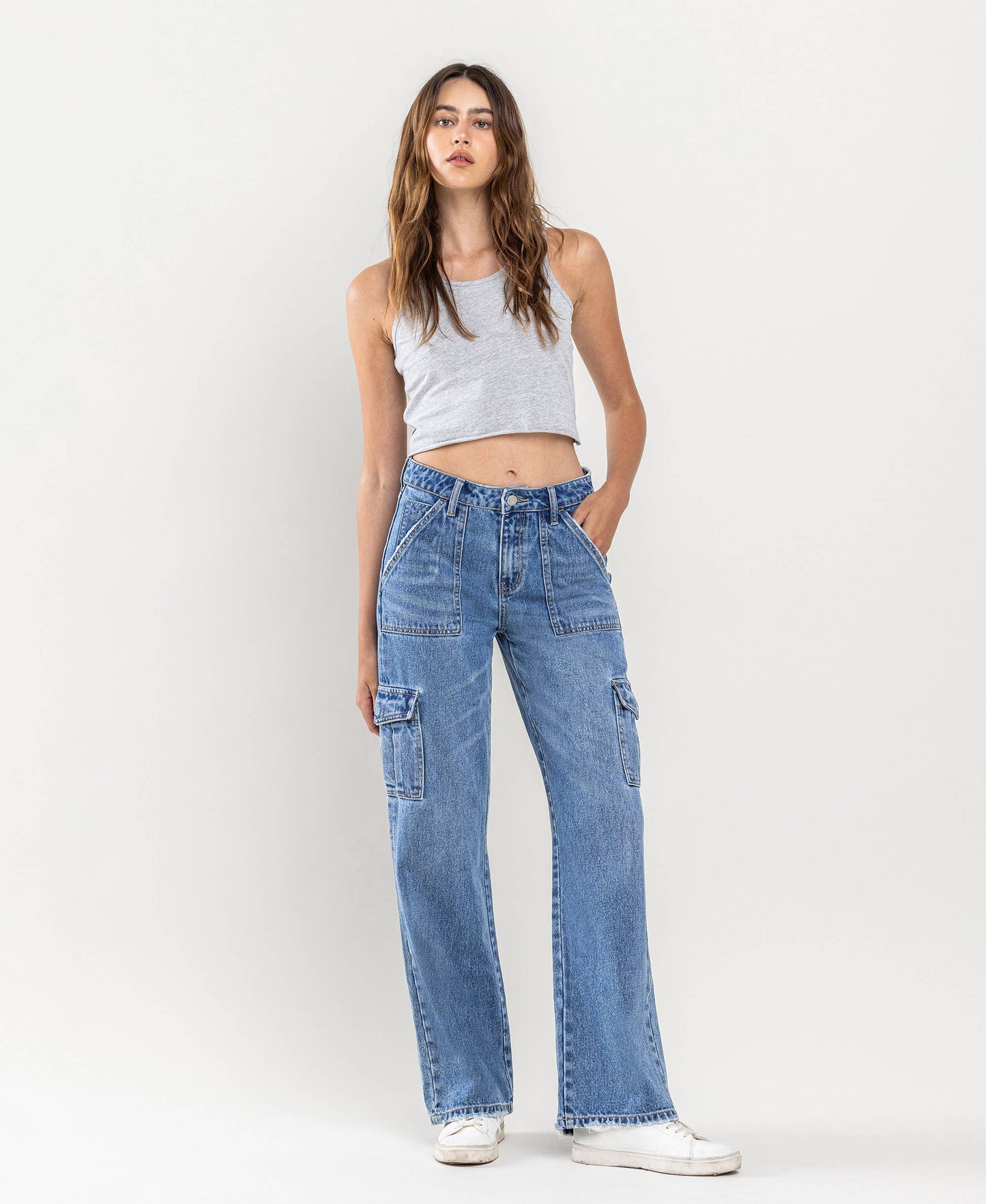 High-rise wide leg cargo blocked jeans