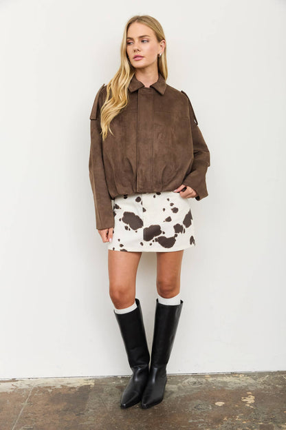 Faux Suede Epaulet Collared zip up Cropped Jacket