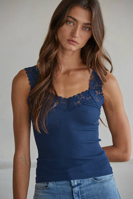 Knit Seamless Ribbed Tank Top with Lace Trim