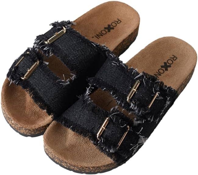 Women's Comfort Flat Sandals Double Buckle Adjustable Straps: Black