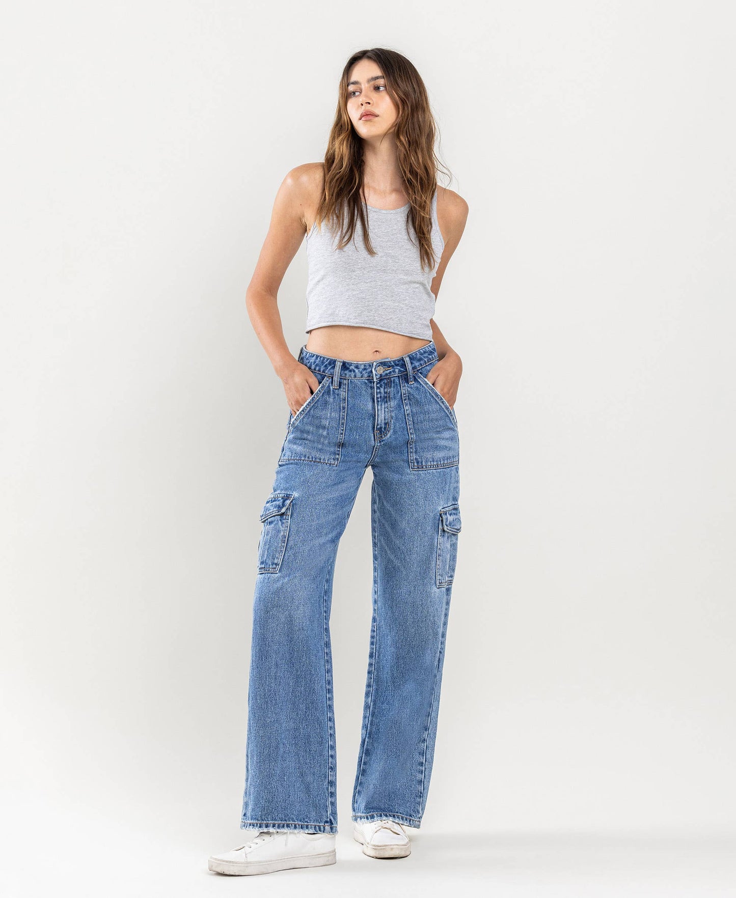 High-rise wide leg cargo blocked jeans