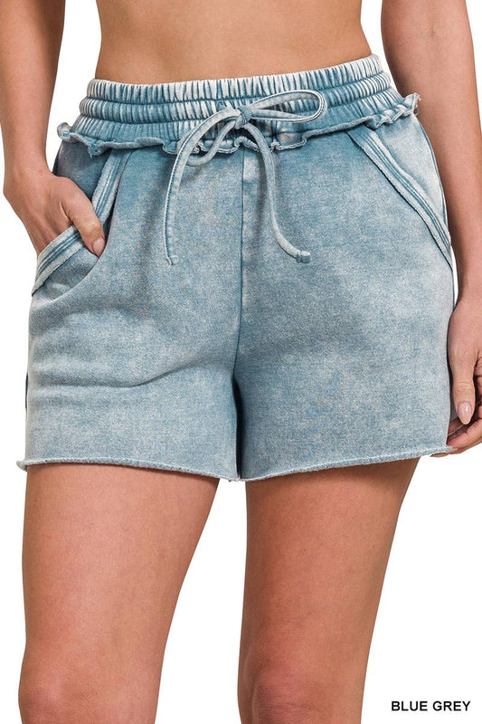 Acid Washed Fleece Drawstring Shorts With Pockets: Blue Gray