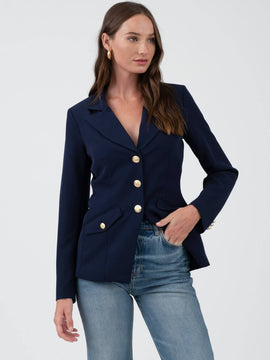 Navy Gold Hardware Button Cuff Blazer
