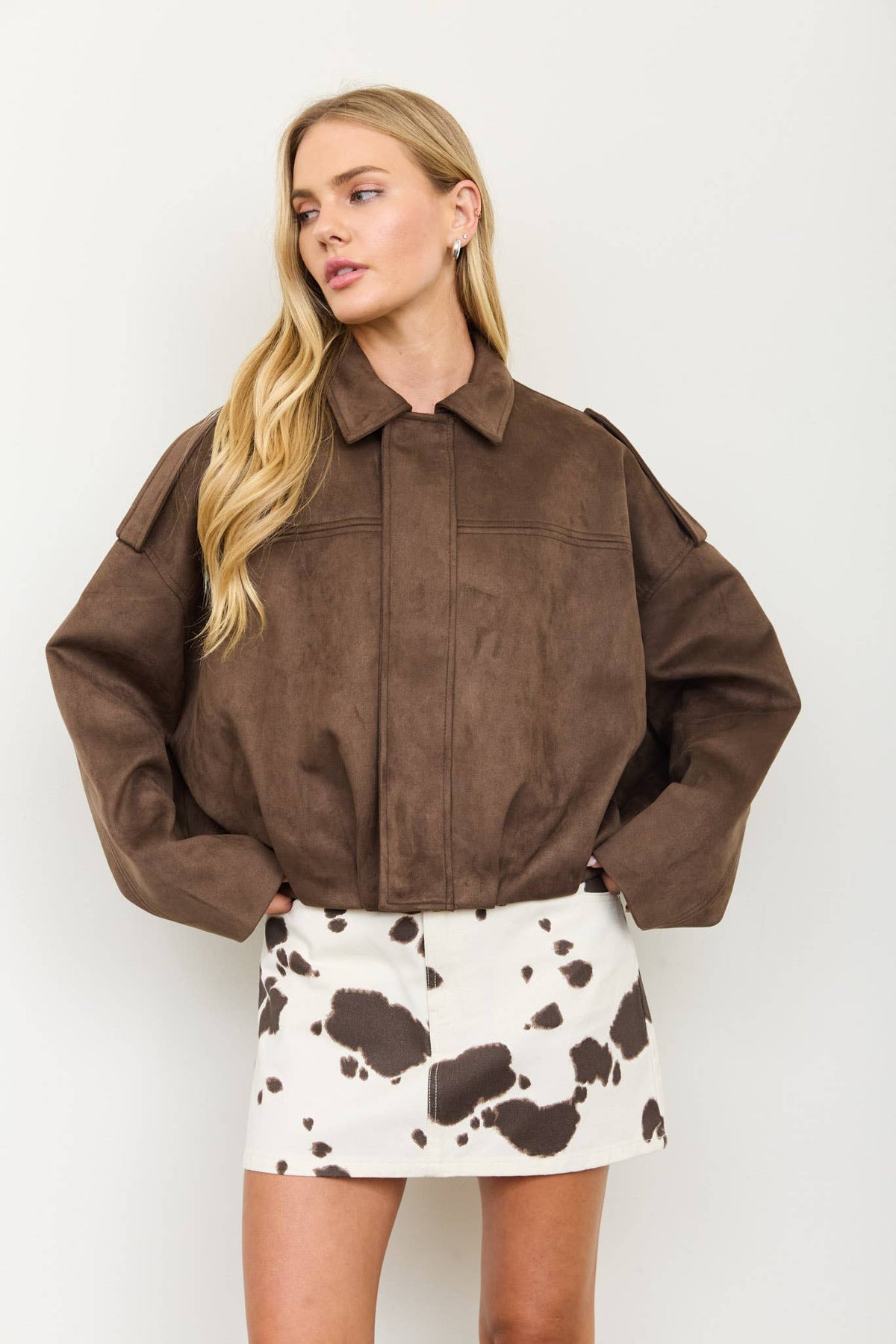 Faux Suede Epaulet Collared zip up Cropped Jacket