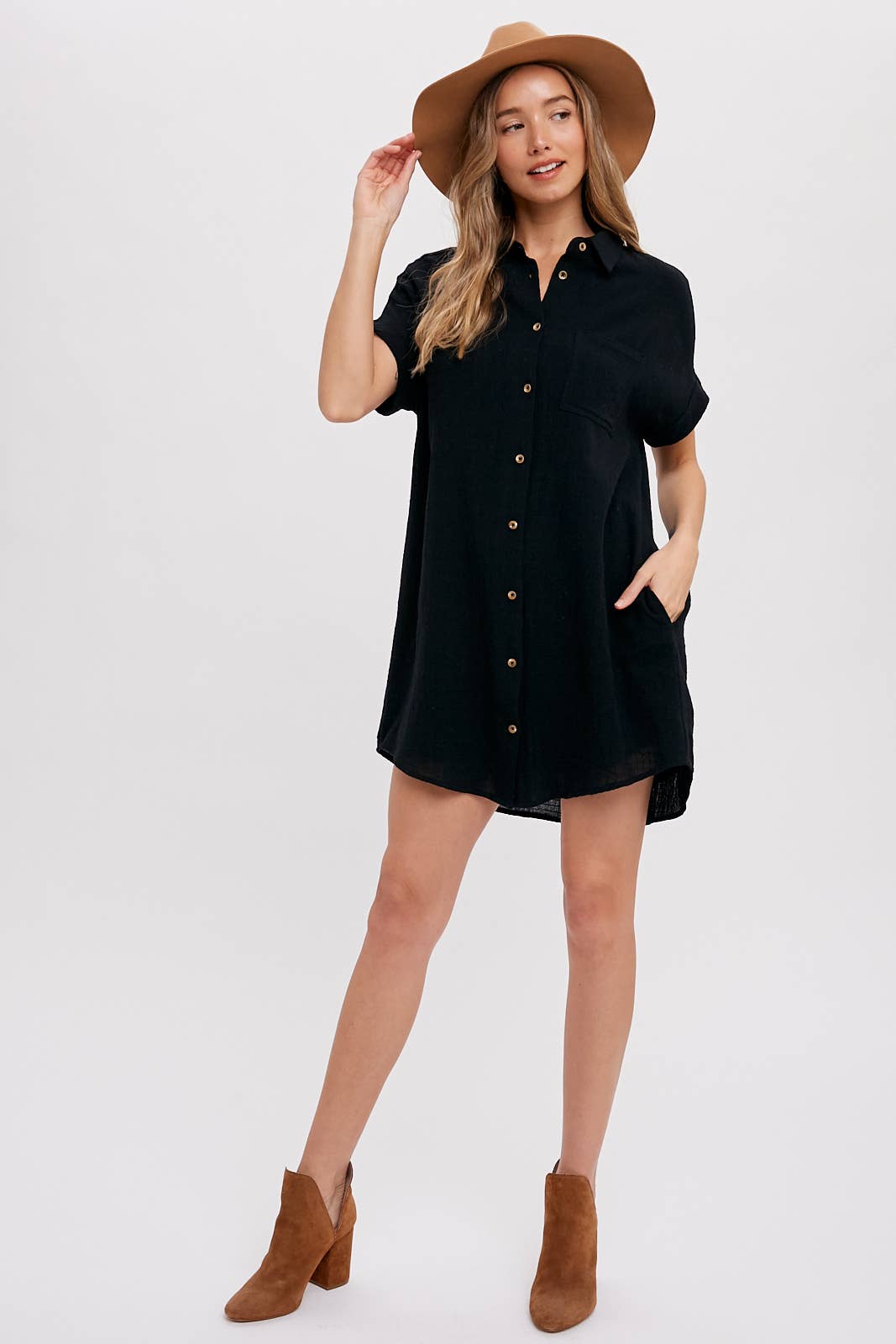 Button Down Shirt Dress in Black