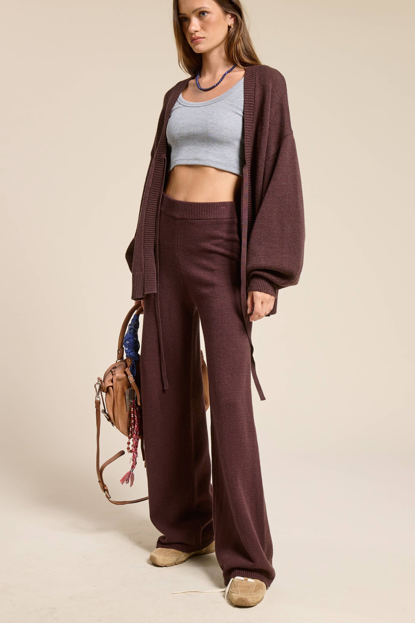 Chocolate  Knit Cardigan and Pants Matching Set