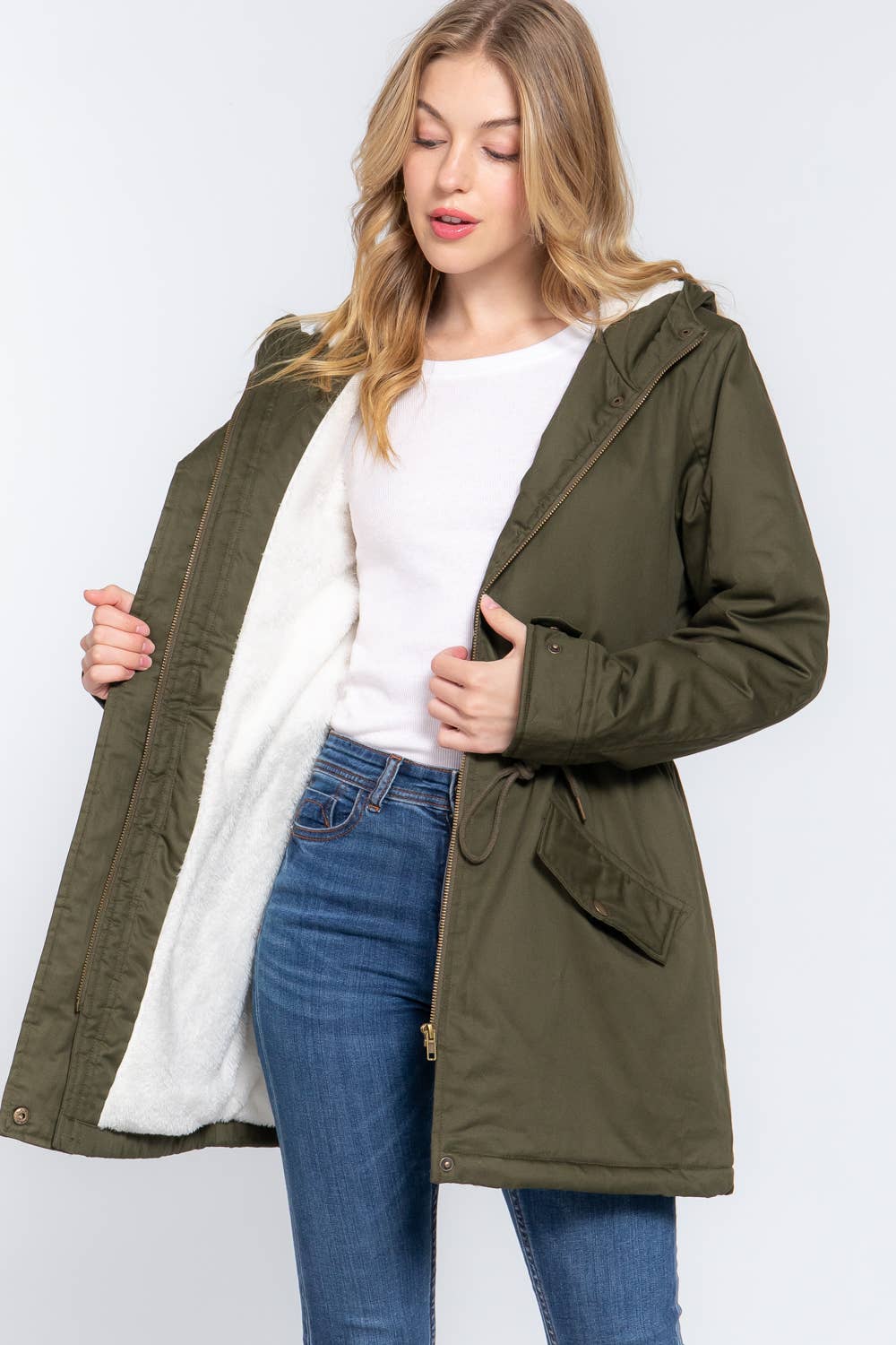 Fleece Lined Fur Hoodie Utility Jacket(two colors)