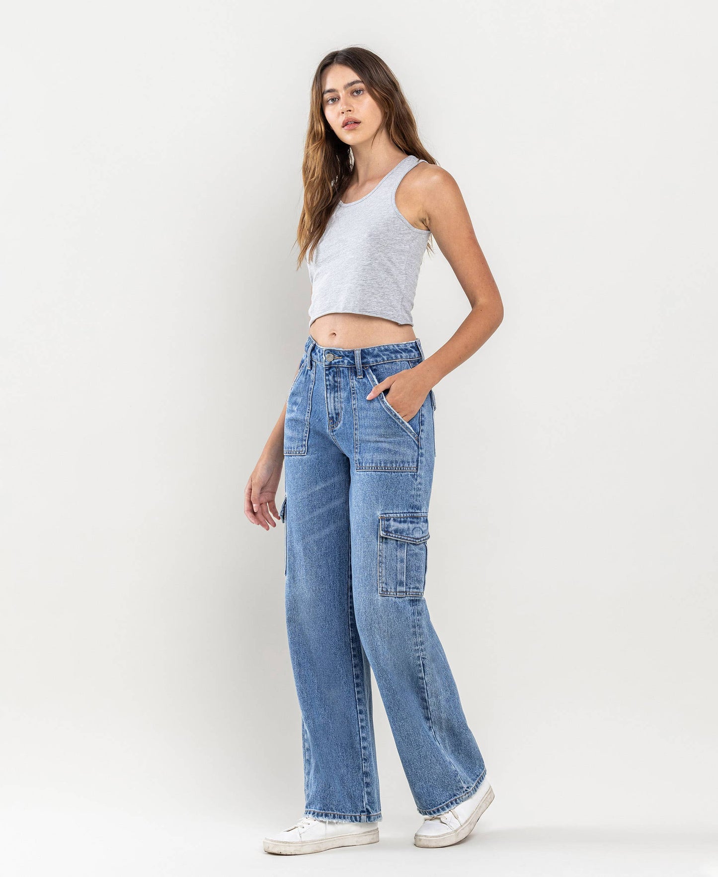 High-rise wide leg cargo blocked jeans