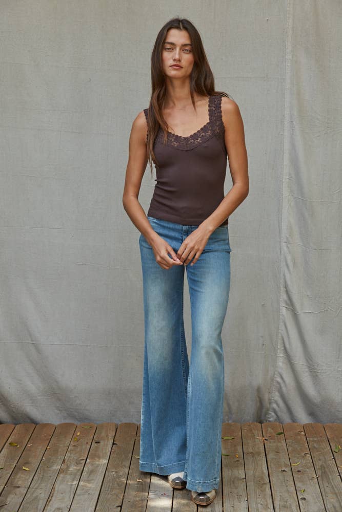 Knit Seamless Ribbed Tank Top with Lace Trim- Coffee Bean