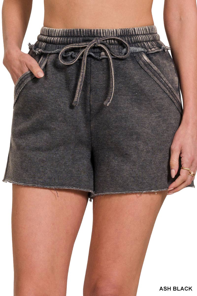 Acid Washed Fleece Drawstring Shorts With Pockets in ash Black