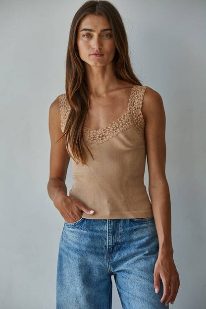 Knit Seamless Ribbed Tank Top with Lace Trim