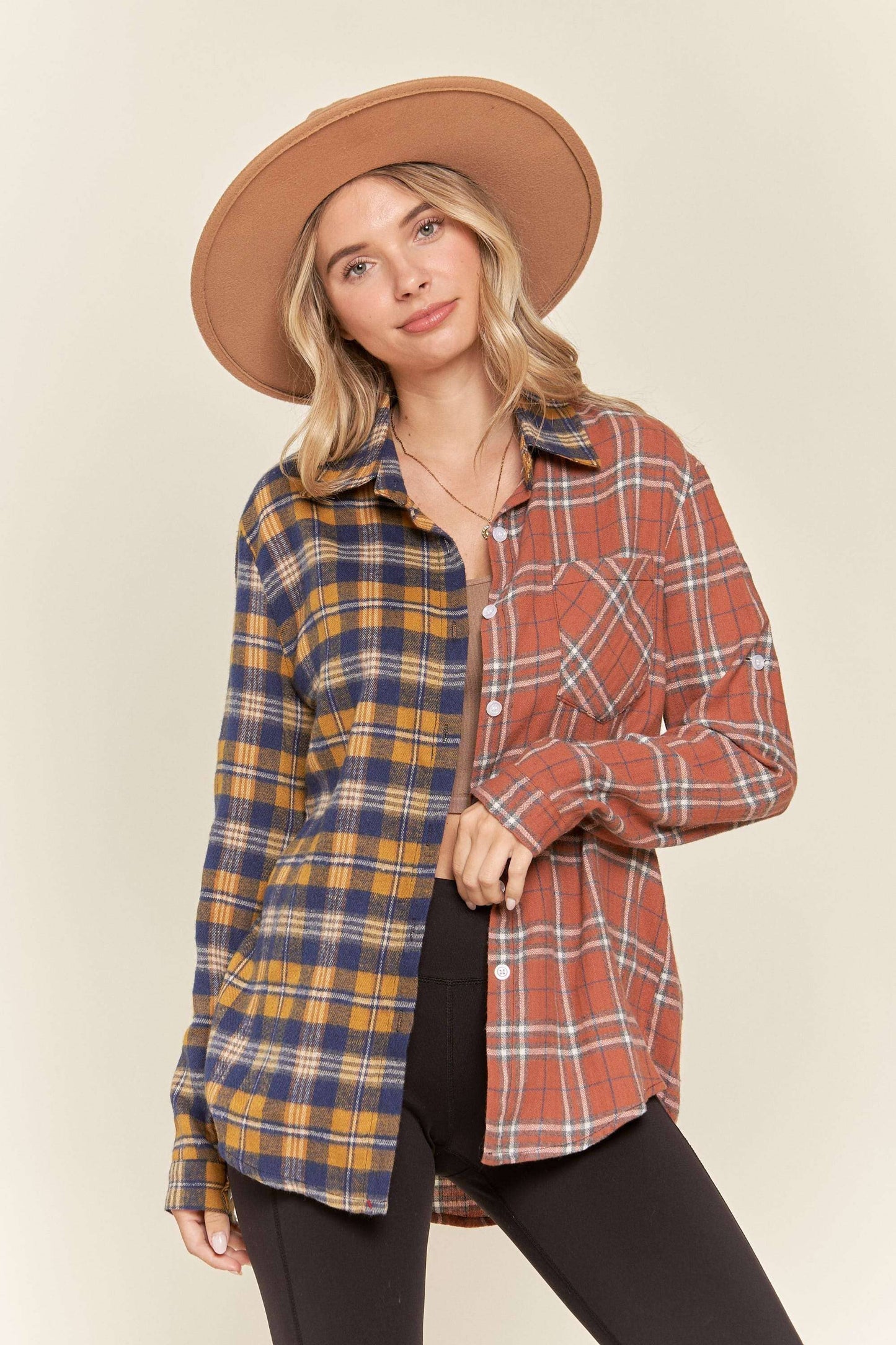 Button down multiple color plaid shirt