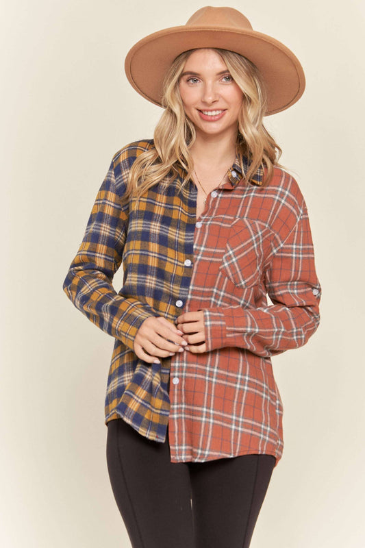 Button down multiple color plaid shirt