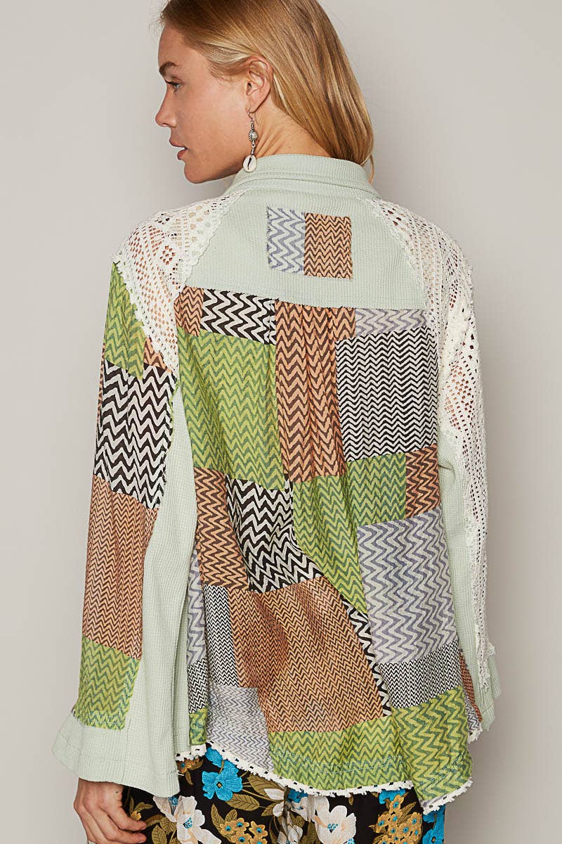 Oversize long sleeve color block floral prints woven shirt:MINT/GREEN