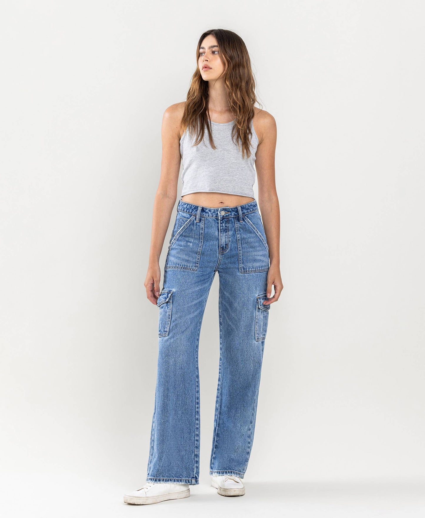 High-rise wide leg cargo blocked jeans