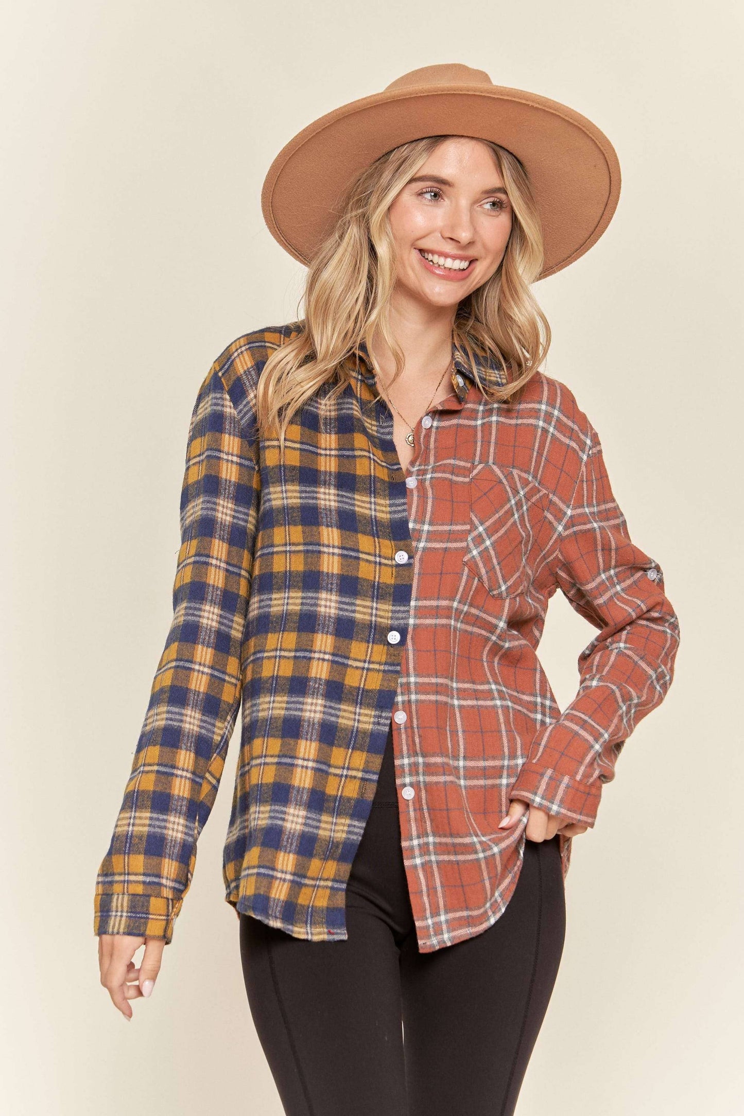 Button down multiple color plaid shirt