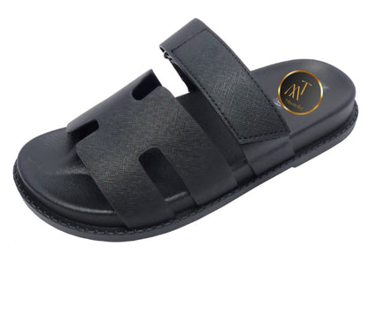 Black h-shape Velcro Slip on Sandals