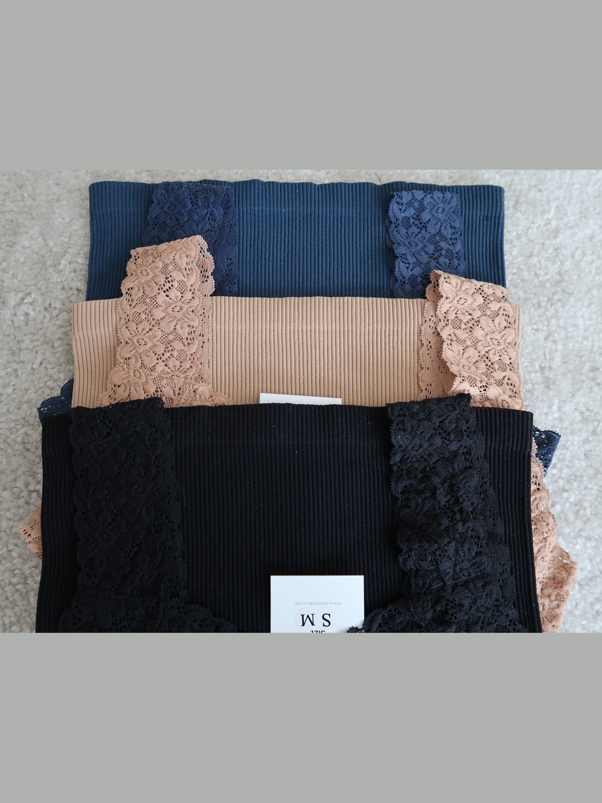 Knit Seamless Ribbed Tank Top with Lace Trim- Navy
