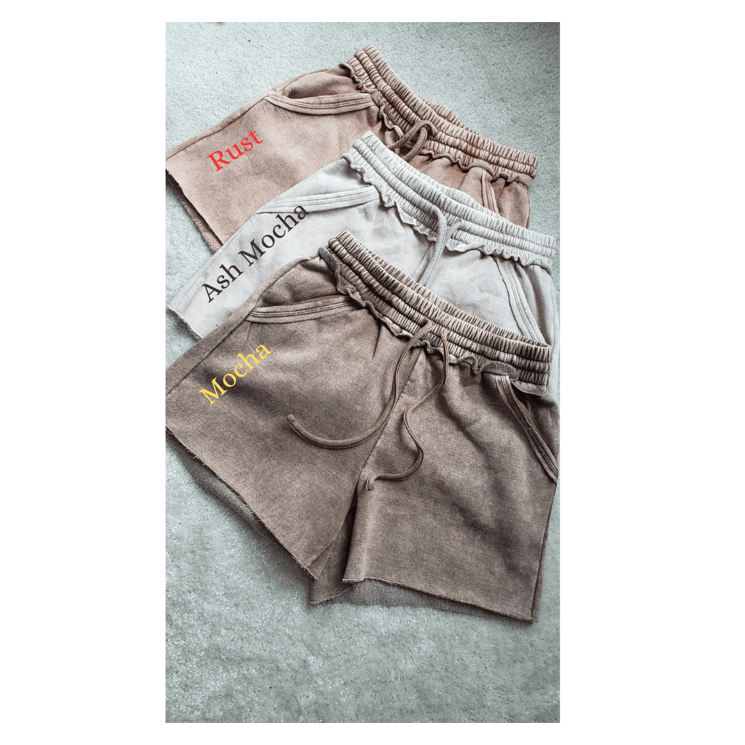 Acid Washed Fleece lined Drawstring Shorts with Pockets in mocha