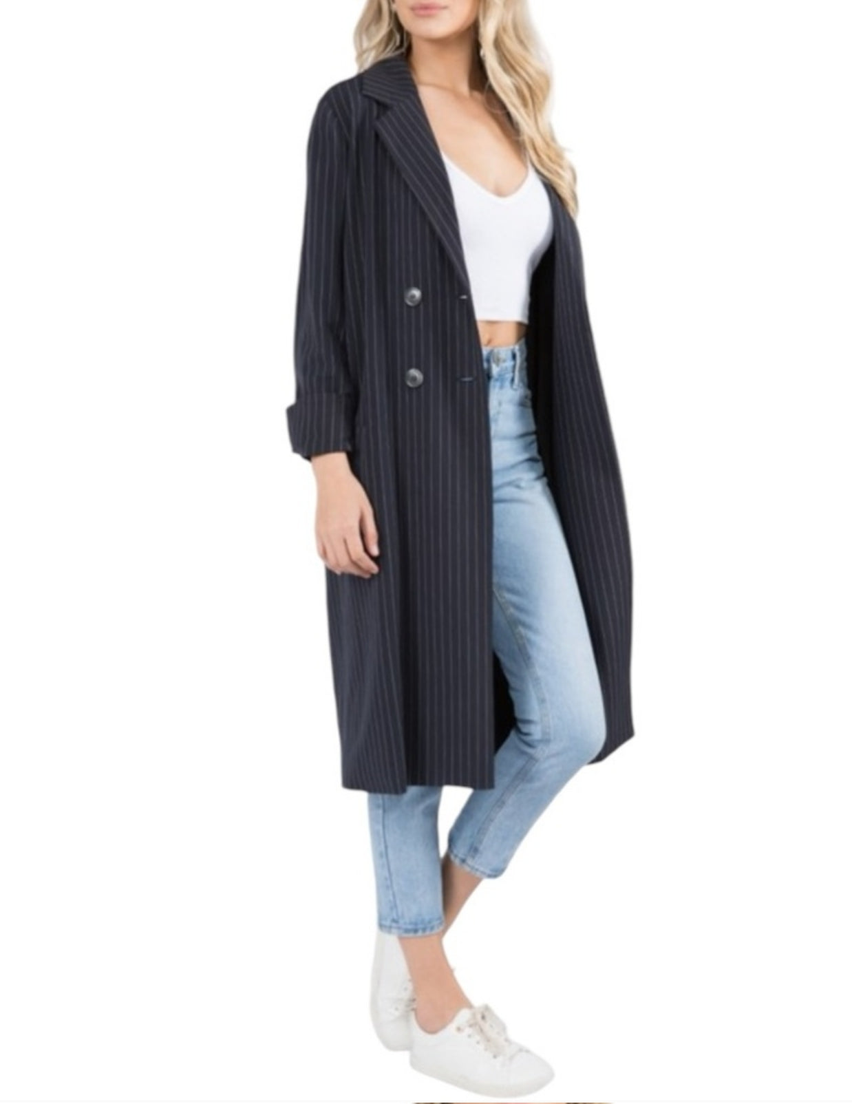 Pinstripe Long Sleeve Trench Coat