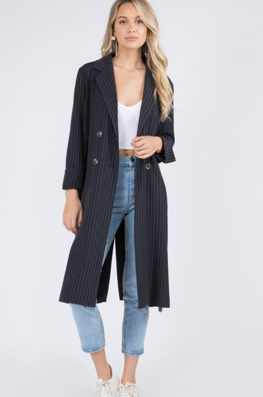 Pinstripe Long Sleeve Trench Coat