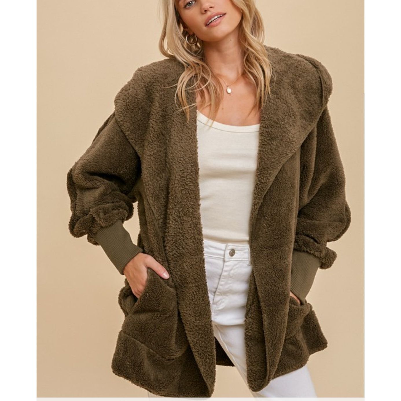 One size Olive Faux fur So Soft plush hooded jacket with pockets