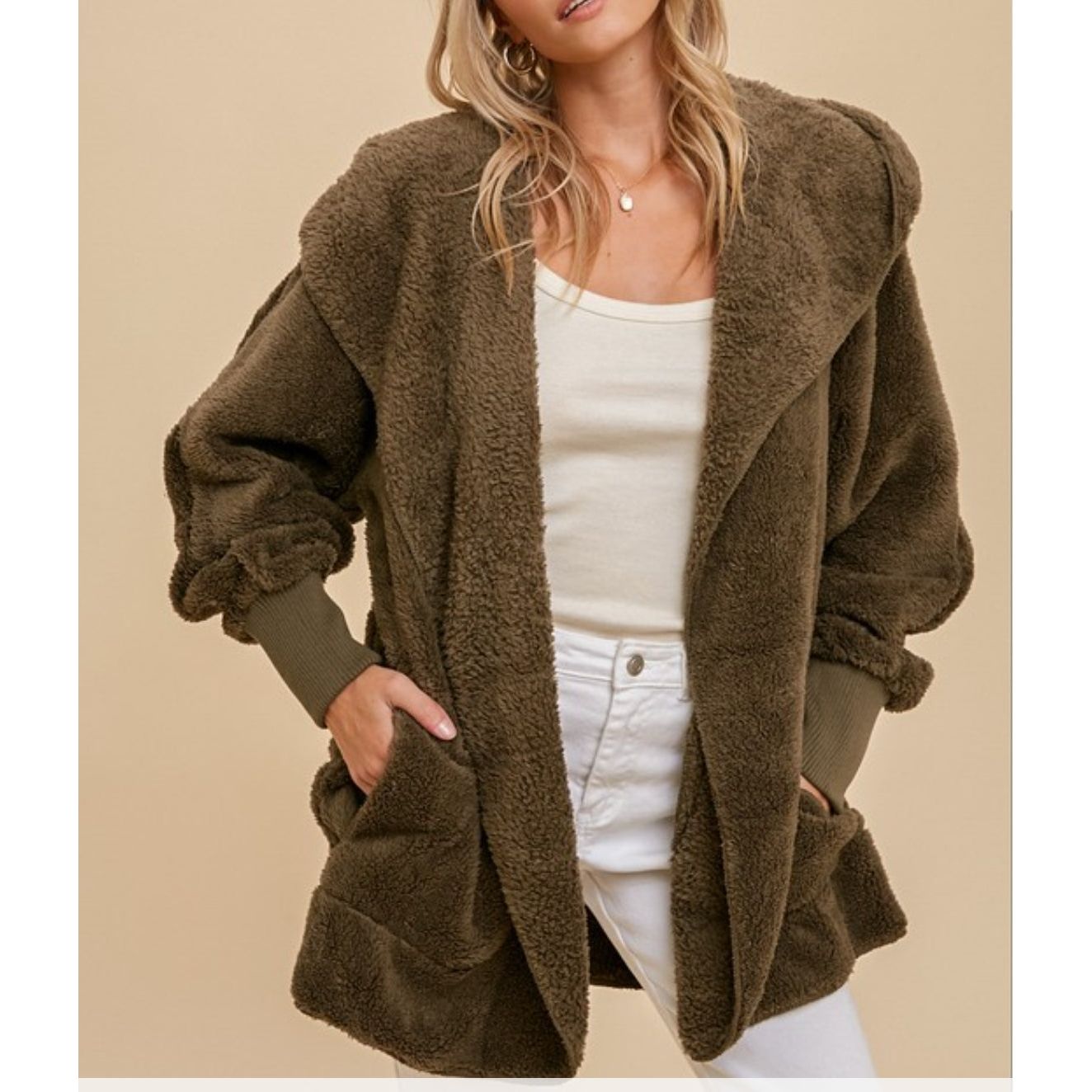 One size Olive Faux fur So Soft plush hooded jacket with pockets