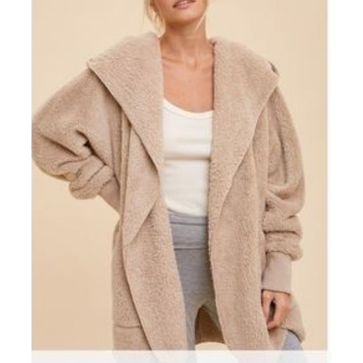 One size Taupe Faux fur So Soft plush hooded jacket with pockets