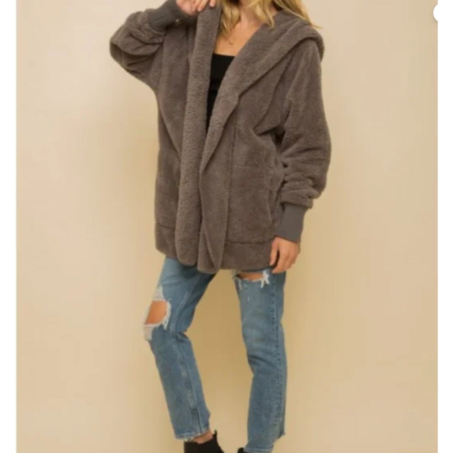 One size Steel Gray Faux fur So Soft plush hooded jacket with pockets