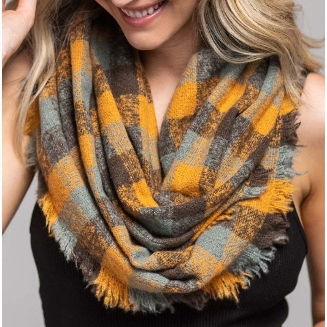 Mustard Multi-Color Plaid infinity scarf