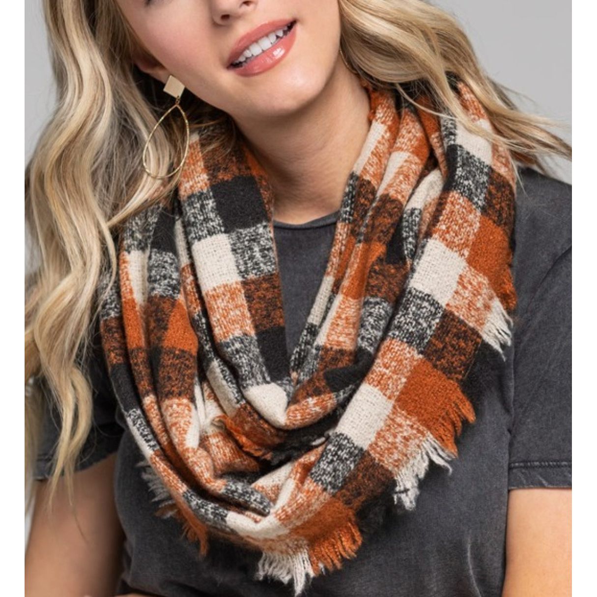 Tan Multi-Color Plaid infinity scarf