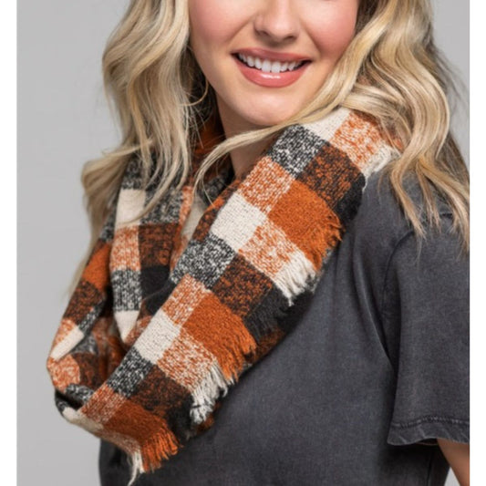 Tan Multi-Color Plaid infinity scarf