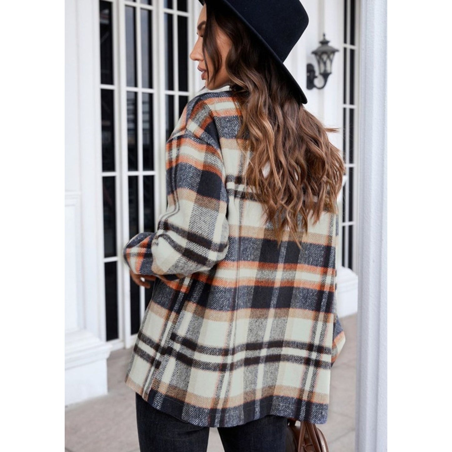 Geometric Plaid Print Pocketed Shirt