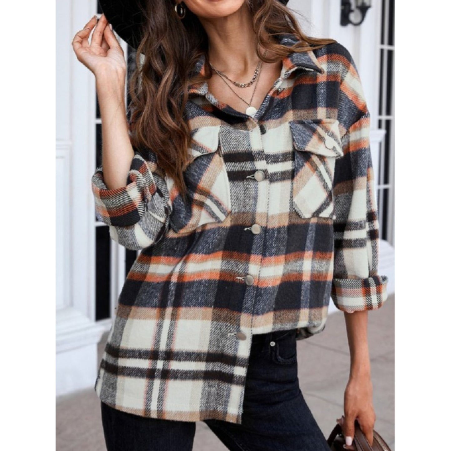 Geometric Plaid Print Pocketed Shirt