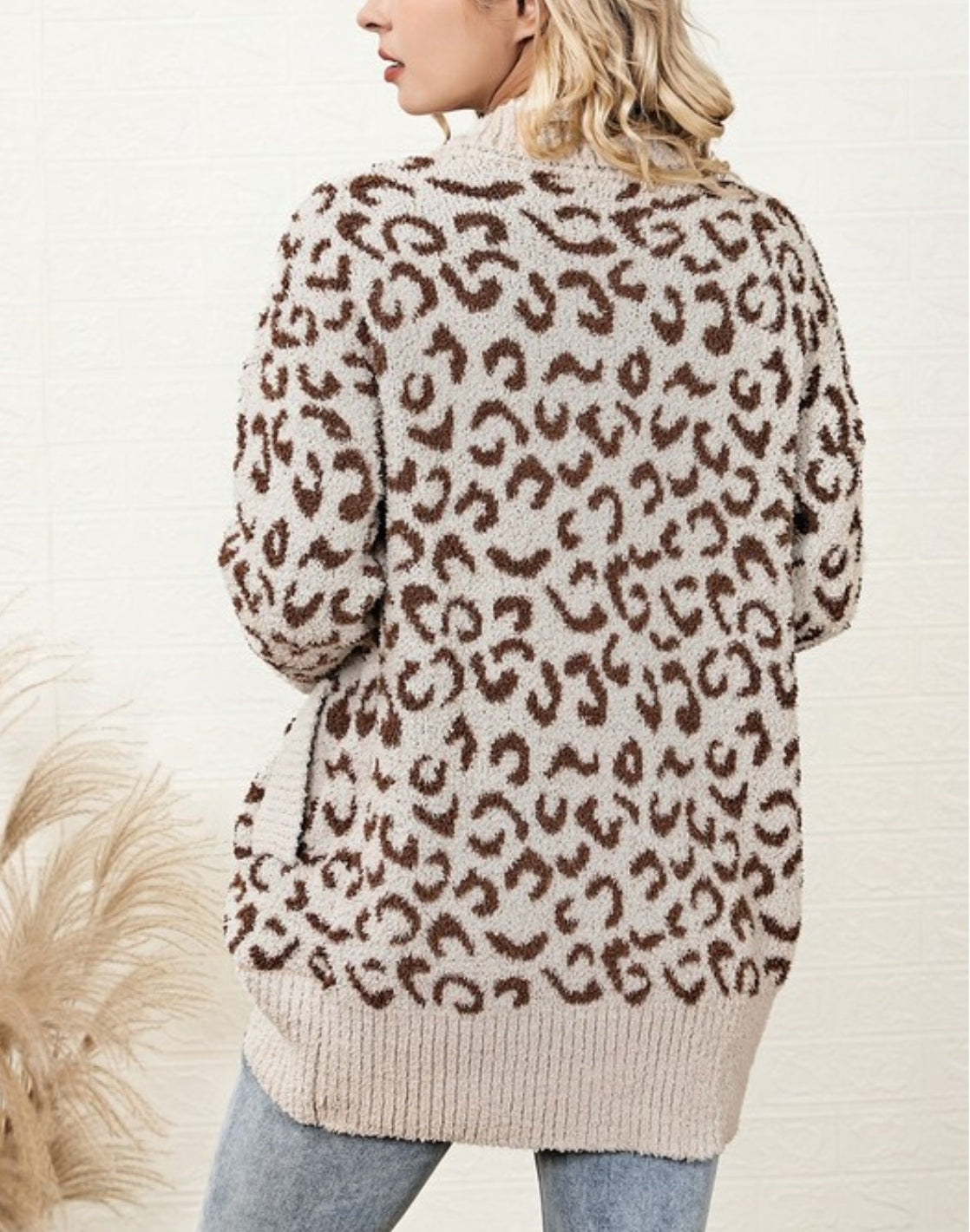 Neutral Tone and Fall Ready Fuzzy Leopard Ribbed Trim Lapel Collar Cardigan