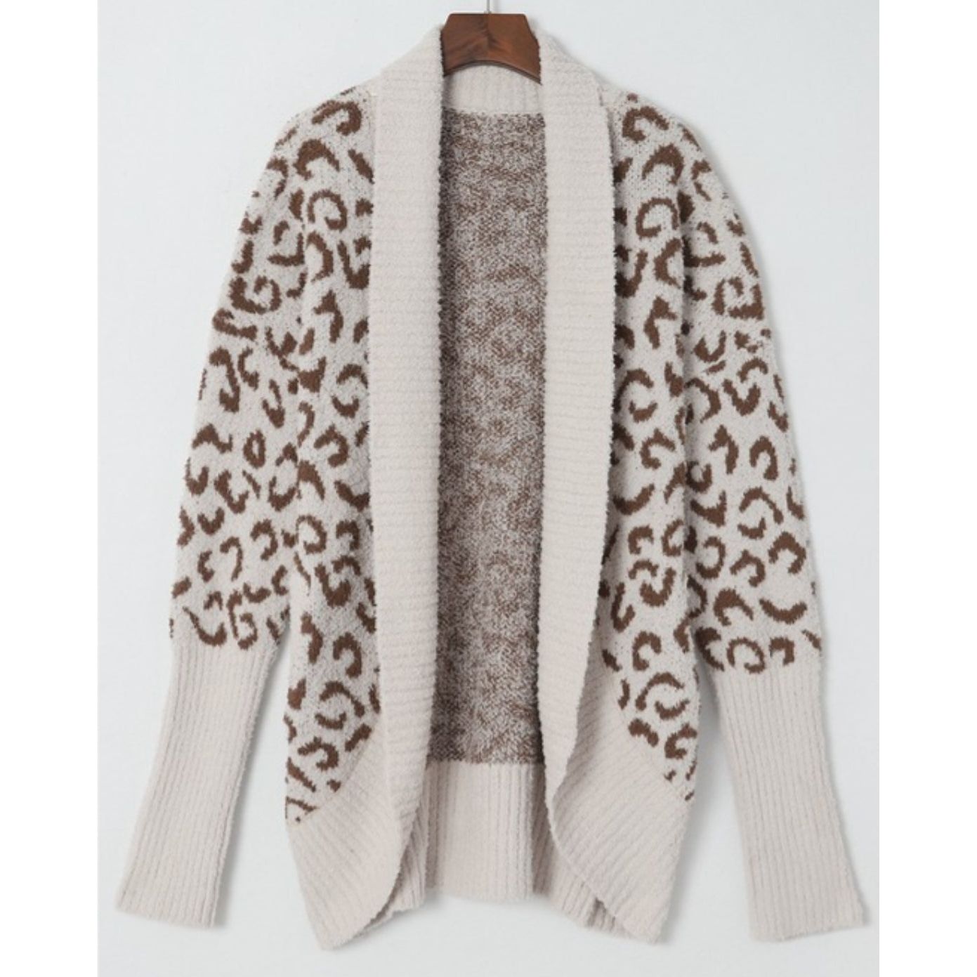 Neutral Tone and Fall Ready Fuzzy Leopard Ribbed Trim Lapel Collar Cardigan