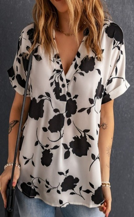 Loose Fitting Floral Printed Short Sleeve Blouse