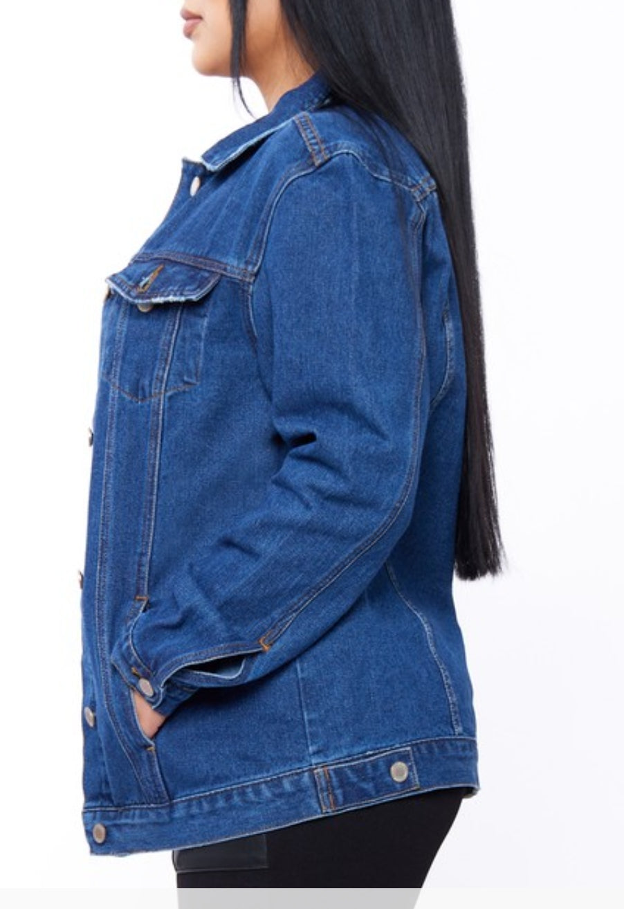 Dark Blue Boyfriend Fit Denim Jacket with pockets