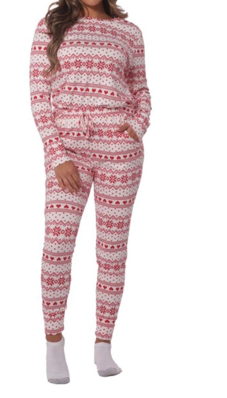 Womens Holiday Print Pajamas Set Top & Jogger(pink)