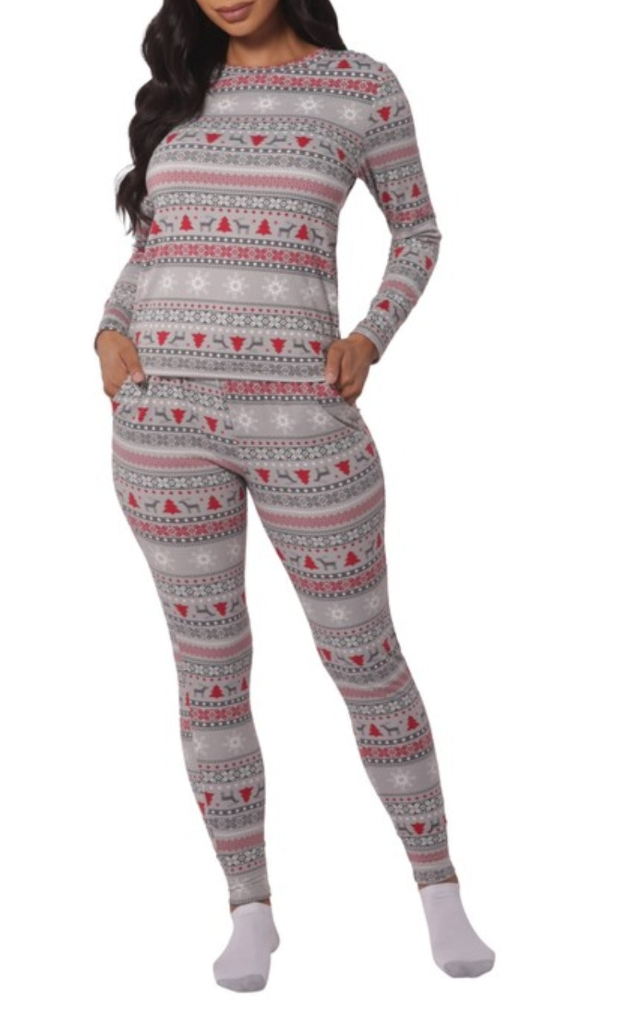 Conjunto de pijama con estampado navideño para mujer, top y jogger (gris)