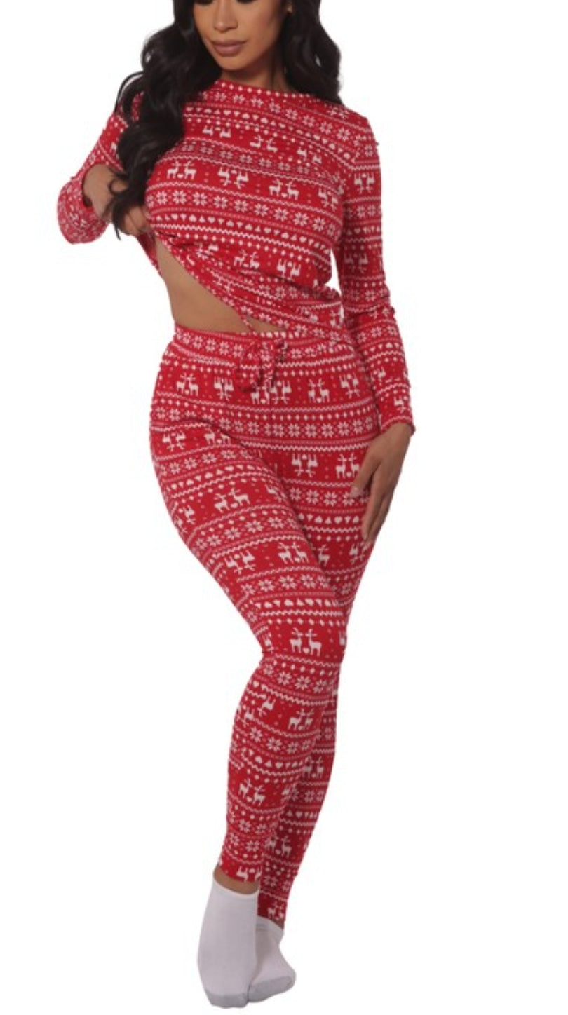 Womens Holiday Print Pajamas Set Top & Jogger(Red)